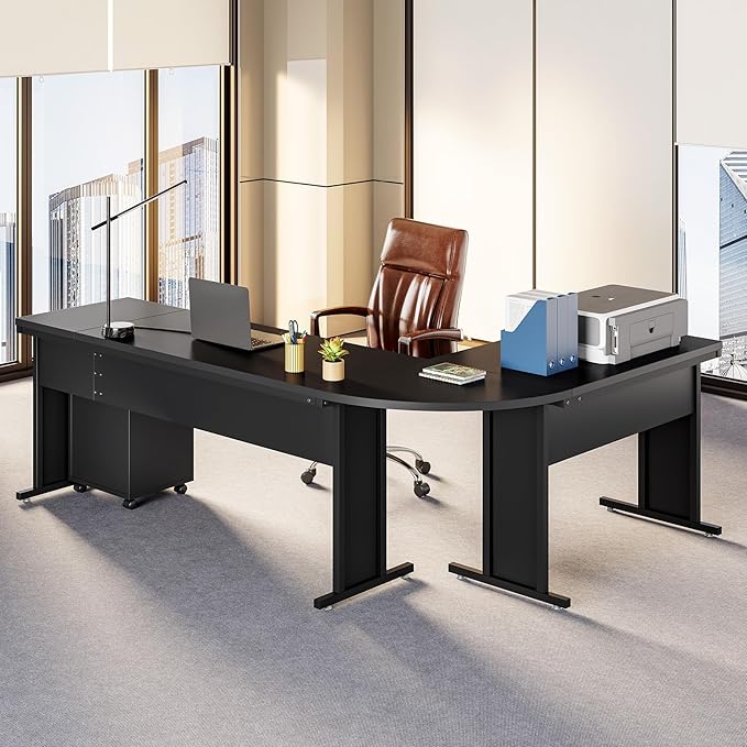 LITTLE TREE 82.67 Long Executive Desk Large L-Shaped Computer Office Desk with 3-Drawer Mobile File Cabinet Industrial Business Furniture Desk Workstation for Home Office Black