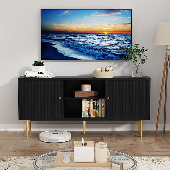 ARTPOWER 55” Fluted TV Stand Mid Century Modern Black TV Stand for 55/60/65 inch TV Entertainment Center with Storage Television Stands TV Console Media Console for Living Room Bedroom (Black)