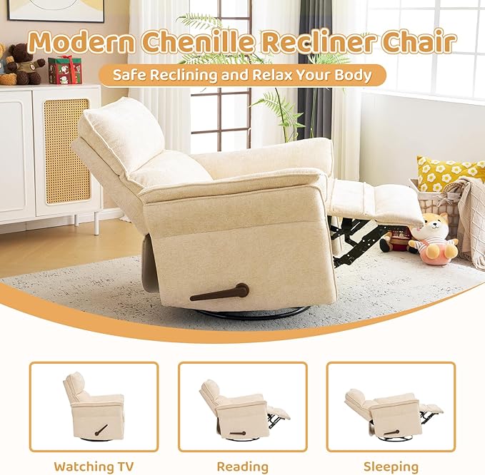 Oversized Rocking Chair Nursery with Adjustable Headrest 26 Wide Swivel Rocker Recliner Nuresry Chair with Overstuffed ArmrestManual Rocker Recliner for NurseryBeige