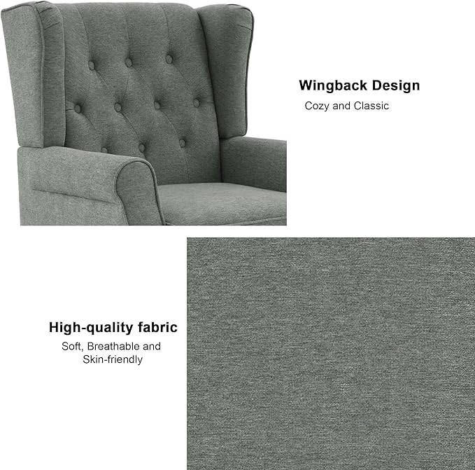Accent Chair Upholstered Armchair with Button Tufted High Back &amp Solid Wood Legs Comfy Wingback Reading Single Sofa Chair for Small Spaces Living Room Bedroom (Grey Set of 1)