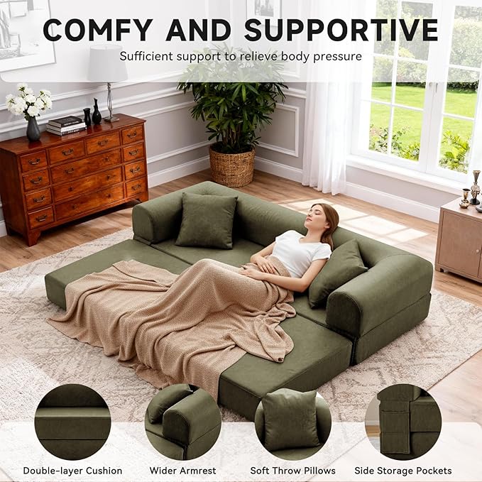 78.5 Convertible Sleeper Sofa Bed Faux Leather Deep Seat Folding Floor Sofa with Pullout Bed &amp 2 Pillows No Assembly Modern Boneless Couch Compression Sofa in Box for Living Room Office Green