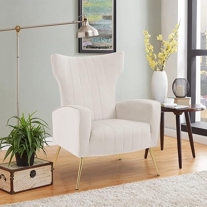 Accent Chair Upholstered Armchair with High Wingback &amp Metal Legs Mid-Century Modern Comfy Single Sofa Reading Chairs for Living Room Bedroom (White Set of 2)