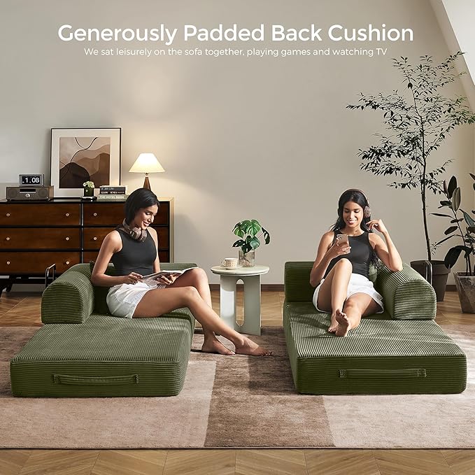 79 Modular Floor Sofa Convertible Sleeper Sofa Bed Removable Backrest Design Spacious Sleeping Area Easy Setup for Game Room Apartment (Light Green)