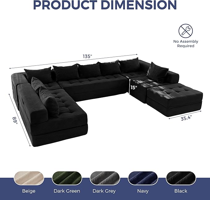 MAXYOYO Modular Sectional Sofa Couch Foldable Oversized U Shaped Cloud Couch with Pillows Tufted Boneless Sleeper Lounger Floor Sofa Bed for Living Room No Assembly Required Black