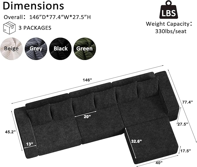 Modern Oversized Modular Sectional Sofa Boneless Cloud L Shaped Couch with Legs Corduroy Big Comfy Deep Seat Sofa for Living Room &amp Apartment（Black146″L Shaped Sofa）