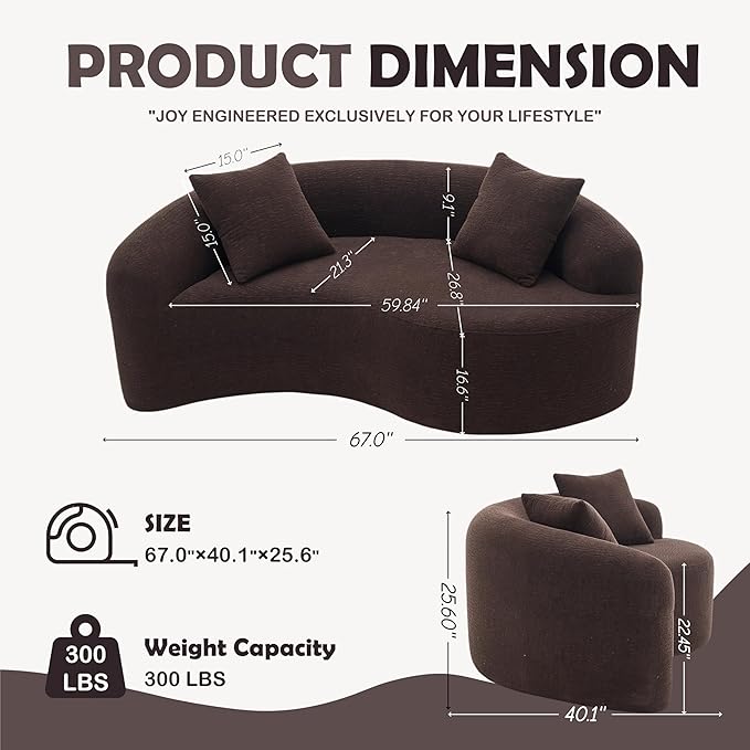 Luxury Modern Chenille Sectional Sofa Tai Chi Curved Compression Couch Boucle Cozy Soft Loveseat for Living Room Apartment Office (Brown)