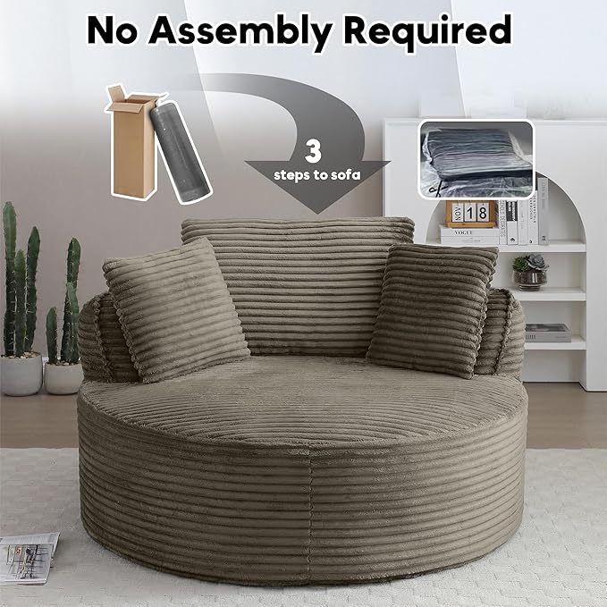 Oversized Round Chair Lounge Chaise Indoor 53.5 Corduroy Boneless Round Chair Fluffy Single Deep Seat Cloud Sofa Chairs Modern Circle Chaise Lounge for Bedroom Living Room Camel