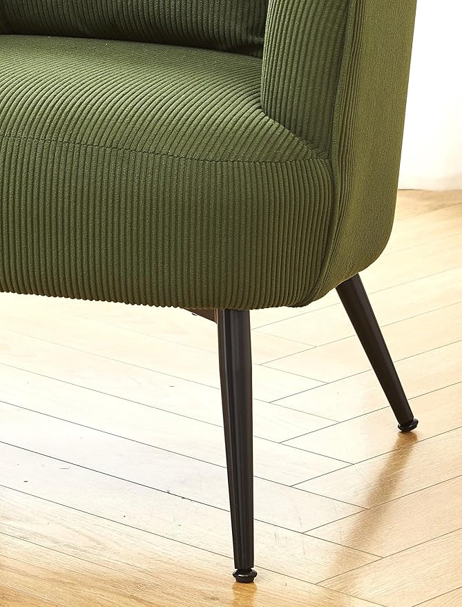 Modern Channel Corduroy Accent Chair with Black Metal Legs Luxurious Design and Comfortable Seating Ideal for Living Room Bedroom or Office Green