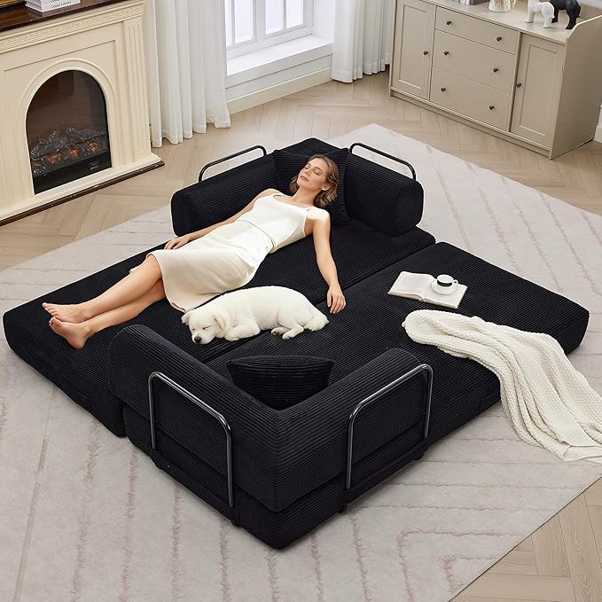 78'' Convertible Sleeper Sofa Bed4 in 1 Corduroy Boneless Couch with PillowsFolding Sectional Couch with Pull Out BedFloor Sofa Loveseat for Living RoomBedroomNo Assembly RequiredBlack