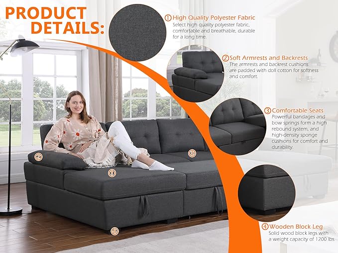 BEEY Sofa Bed 118 Oversized Sleeper Sectional Sofa with Storage Chaise U Shaped Sectional Couch with Pull Out Bed 6 Seater Pull Out Couch Bed for Living Room Bedroom (Dark Grey_4 Seater)