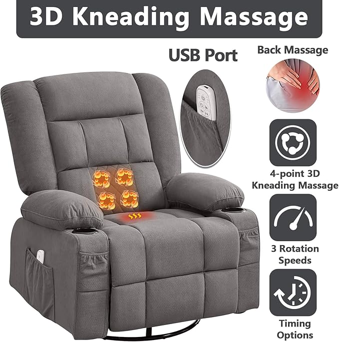 Oversized Swivel Rocker Recliner with Throw Pillow for Adult Kneading Massage Recliners Chair with Heat | USB | Cup Holders Gray Nursery Recliner Chair for Living Room Bedroom (Normal Grey)