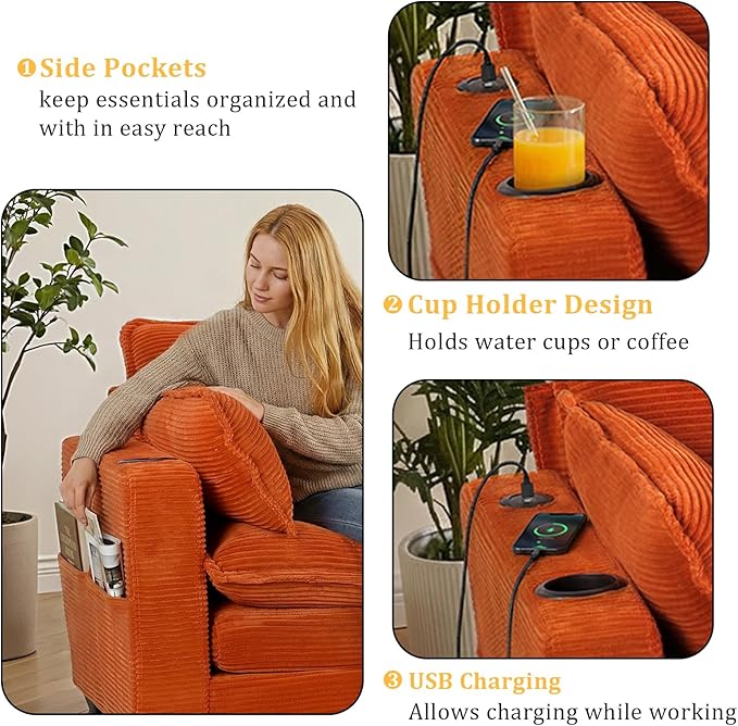 Gexpusm Modular Sectional Sofa99 Couches for Living RoomCorduroy Sofa with Ottoman &amp PillowCloud Sectional Couch with Cup Holders &amp USBSide Pockets3-Seat Corduroy Boneless Chair Indoor (