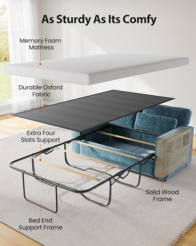 Marsail Pull Out Sofa Bed Queen Size Sleeper Sofa with Memory Foam Mattress 2 USB Charging and Removable Covers Loveseat for Living Room Apartment Supports 600 LBS Chenille Fabric Blue