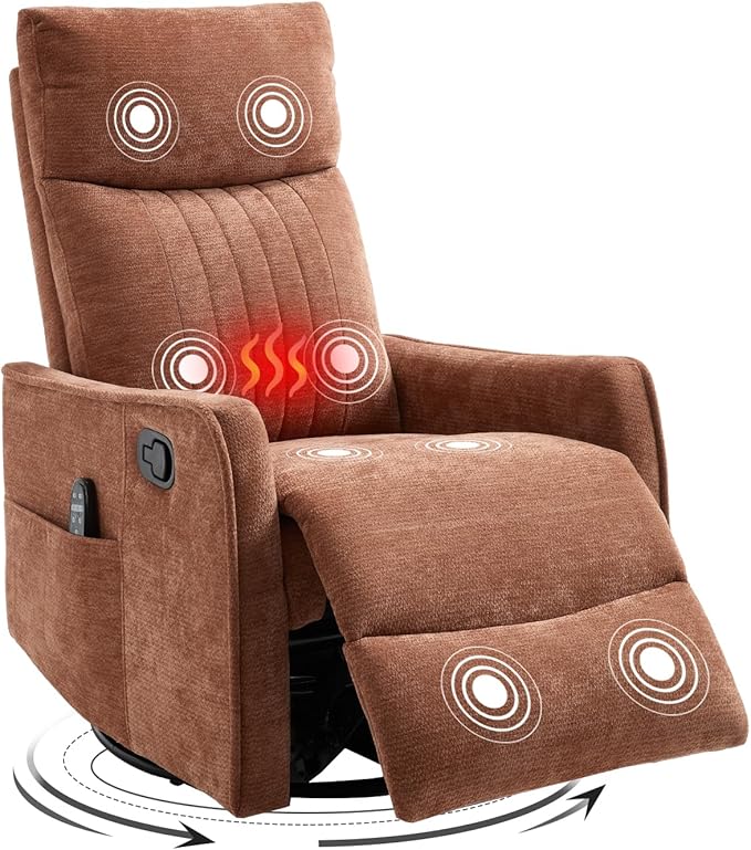 Swivel Rocker Recliner Chair 360° Swivel Recliner with Heat and Massage Rocker Recliner Nursery Glider Chair with Side Pockets for Living Room (Orange Fabric)
