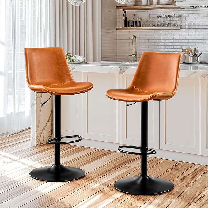 Vintage Bar Stool Height Adjustable Crazy Horse Leather Bar Chair X-Large Base and Seat Bar Stools Ergonomic Bistro Stool with Footrest for Kitchen Dining Bistro Pubx Set of 2 Whisky Brown