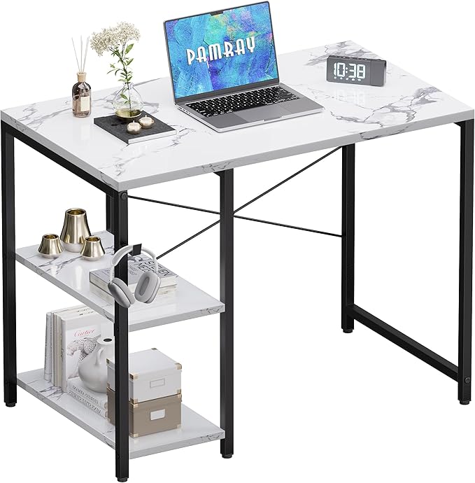 Pamray 32 Inch Small Computer Desk with Shelves Home Office Desk with Headphone Hook for Bedroom Study Writing PC Table for Small Spaces Marble