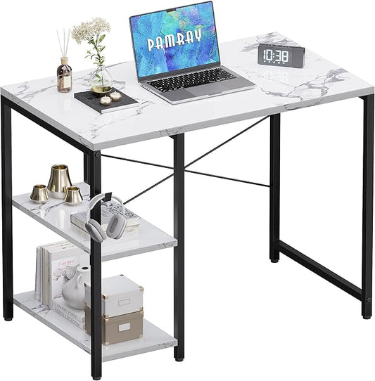 Pamray 32 Inch Small Computer Desk with Shelves Home Office Desk with Headphone Hook for Bedroom Study Writing PC Table for Small Spaces Marble