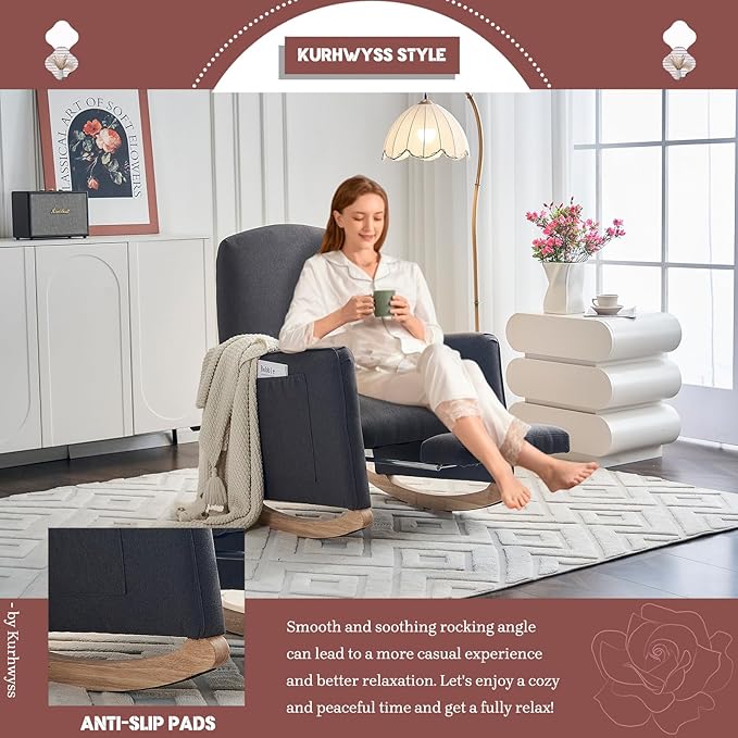 Modern Rocking Chair Nursery Comfy Glider Nursery Chair with Foot Rest Upholstered Rocker with Pocket Accent Reading Armchair with Solid Wood Base for Living Room Bedroom Lounge Room (Dark Gray)