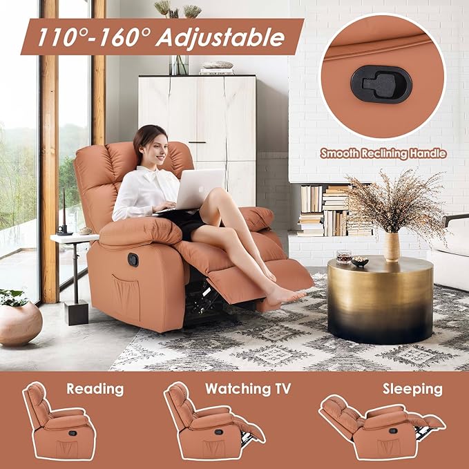 Recliner Chair Upholstered Rocker Recliner Chair with Side Pocket Ergonomic 110°-160° Adjustable Reclining Chairs for Adults Single Sofa Chair with FootrestRecliner Sofa for Living Room