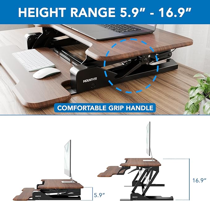 Mount-It! Height Adjustable Standing Desk Converter Compact 30” Wide Tabletop Standing Desk Riser with Gas Spring Desktop Stand Up Workstation with Keyboard Tray Fits Monitor or Laptop Dark Walnut