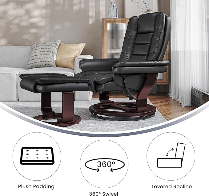 Flash Furniture Bali Contemporary Multi-Position LeatherSoft Recliner Chair with Ottoman 360-Degree Swivel Recliner Chair and Ottoman Set Black