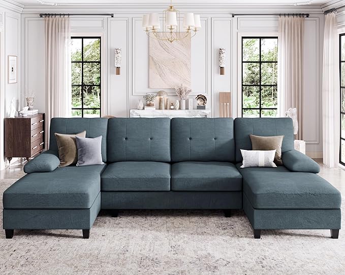 SUNLEI Sectional Couches for Living Room U Shaped Sectional Sofa Couch with 50.4 D Double Chaise and 4 Seat with Linen Fabric Modern Living Room Furniture Sets Dark Grey