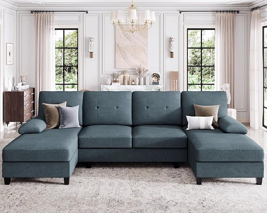 SUNLEI Sectional Couches for Living Room U Shaped Sectional Sofa Couch with 50.4 D Double Chaise and 4 Seat with Linen Fabric Modern Living Room Furniture Sets Dark Grey