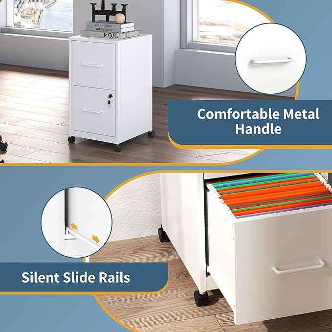 2 Drawer File Cabinet on Wheels Mobile Filing Cabinets with Lock Metal Storage Cabinet Vertical Filing Cabinets for Home Office Rolling File Cabinet for Under Desk Amssebly RequiredWhite