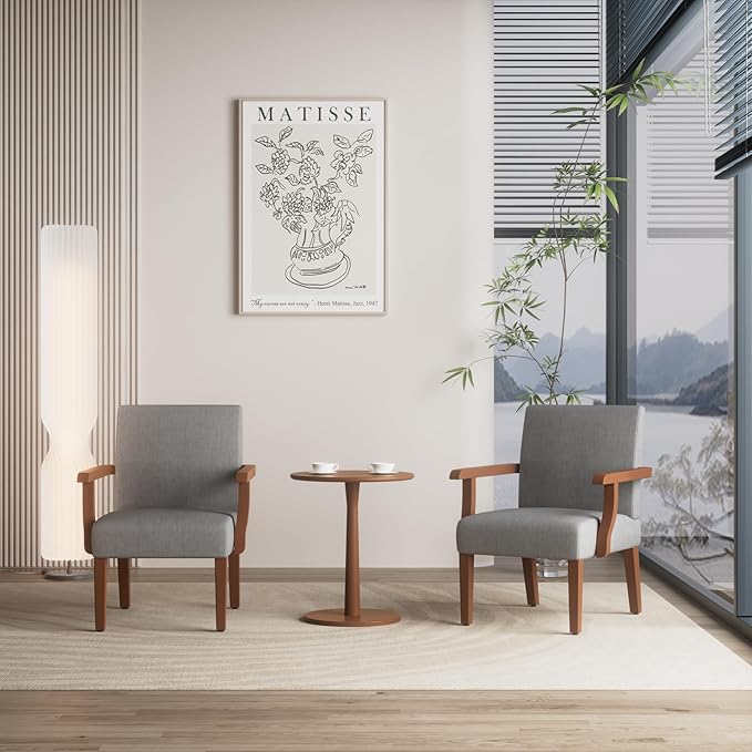 Accent Chairs Set of 2 with Round Side Table Soft Fabric Upholstered Armchair Wooden Frame Mid Century Modern Wide Accent Chair Corner Chair for Living Room Bedroom Office (Light Grey)