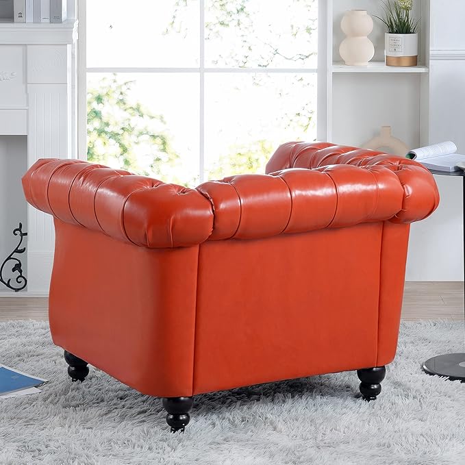 KEIKI 39 PU Leather Chesterfield Sofa with Rolled Arms &amp High Resilience Cushion Modern Style Upholstered 1-Seater Button Tufted Couch with Birch Legs Easy Assembly for Living Room Orange