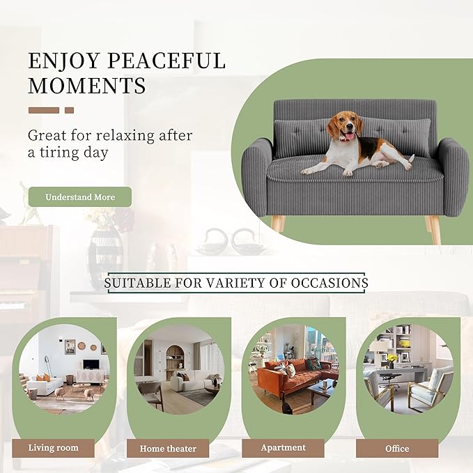 Vongrasig 48 Small Modern Loveseat Sofa Mid Century Soft Corduroy Fabric 2-Seat Sofa Couch Tufted Love Seat with Back Cushions and Tapered Legs for Living Room Bedroom and Small Space (Dark Gray)