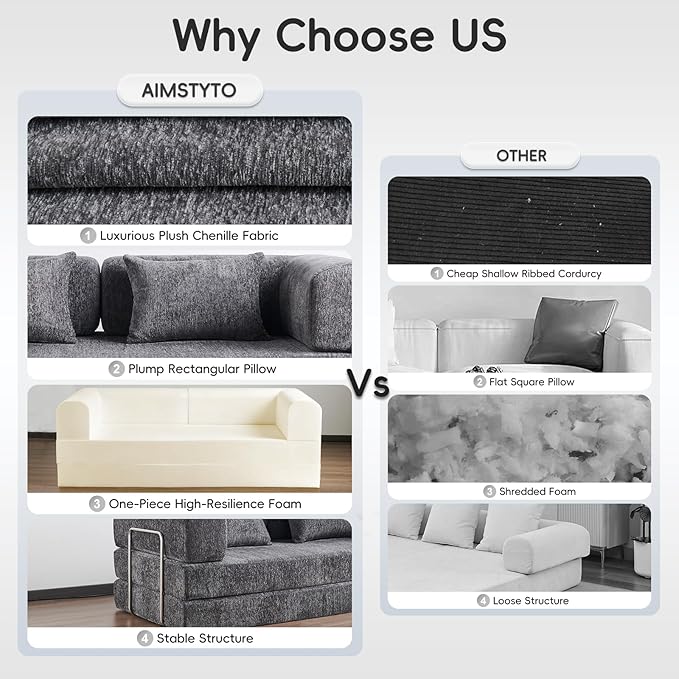 5-in-1 Convertible Folding Sofa Bed 79 Queen Chenille Boneless Couch with Removable Armrests No Assembly Loveseat Sleeper Sofa Modular Futon Couch for Living Room &amp Bedroom Dark Grey