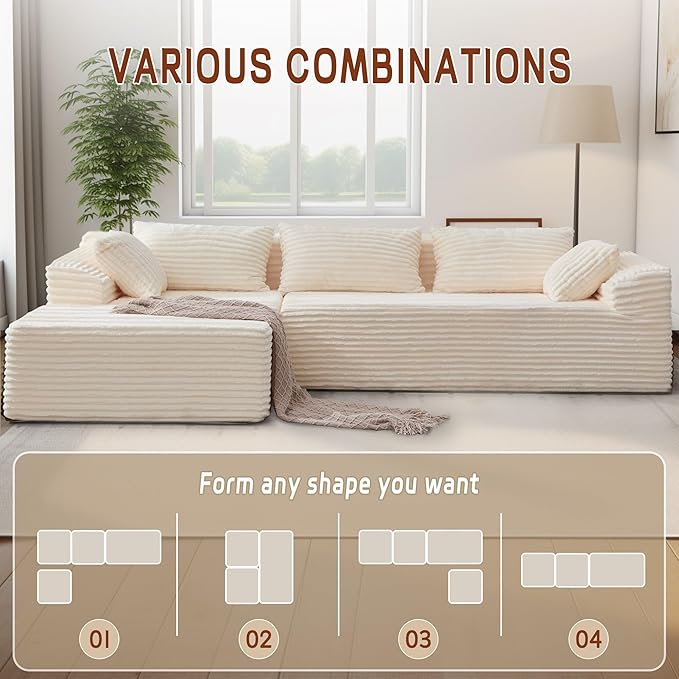 110 L-Shaped Modular Sectional Sofa with Chaise Boneless Comfy Corduroy Fluffy Couch with Deep Seat and Side Pockets Flexible Module Combination for Living Room No Assembly Side Pockets