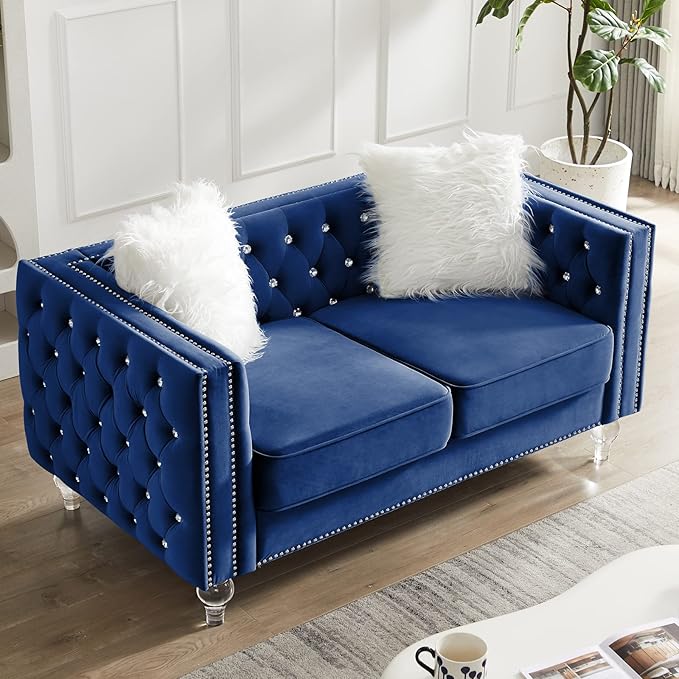 mikibama Velvet Loveseat with Buttons and Square Arms 59 Inch Tufted Sofa with Trimmed Nailhead and Acrylic Legs Loveseat Couch for Living RoomBedroom (Navy Blue-Crystal Legs Loveseat)