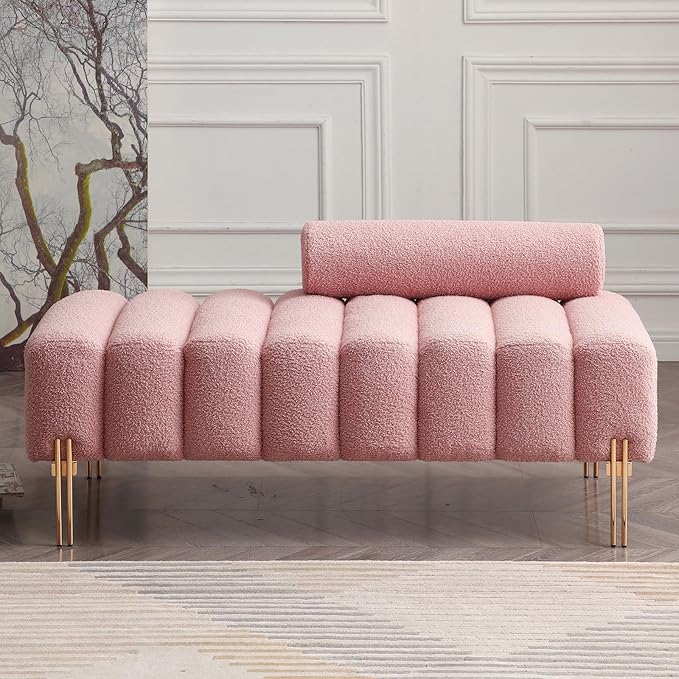 NIOIIKIT 53.2 Modern Loveseat Sofa Couch Upholstered Accent Sofa with Golden Legs and Adjustable Backrest Small Teddy Fleece Couches for Bedroom Living Room Compact Small Space (Pink Teddy)