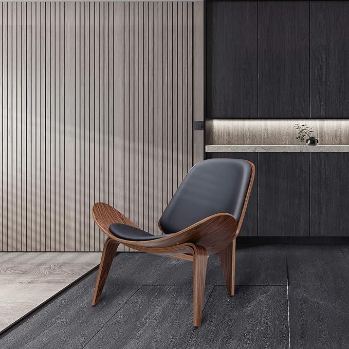 Mid Century Modern Shell Lounge Chair PU Leather Tripod Plywood Classic Design Solid Wood Accent Chairs for Living Room Reading Lounge Office Salon