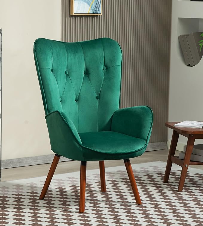Chic Accent Arm Chairs for Living Room Bedroom or Home Office Button-Tufted Midcentury Armchair with Wingback Design and Splayed Legs Green