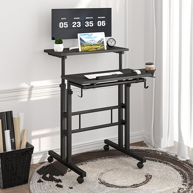 Klvied Adjustable Height Standing Desk with Cup Holder Portable and Easy to Move Ideal for Home or Office Black