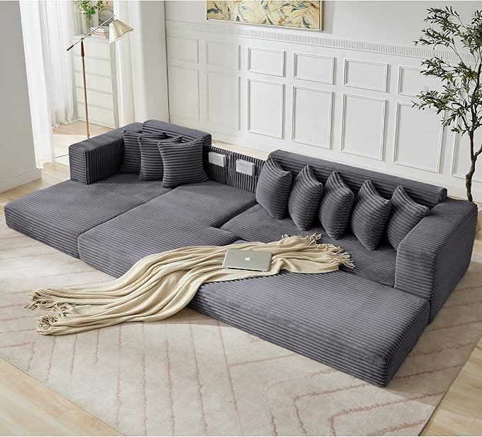 110 Oversized L Shaped Convertible Sleeper Sofa Bed Corduroy Folding Sectional Sofa with 8 Pillows &amp Storage Bags Modern Floor Mattress Couch for Living Room Small Spaces Dark Grey Left Chaise