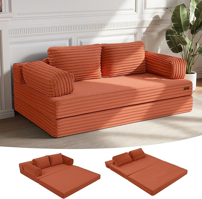 MeMoreCool Convertible Sofa Bed Folding Floor Couch Bed Queen Pull Out Sleeper Couch with Pillows Fold Out Futon Sofa for Bedroom Living Room Small Space Corduroy Orange
