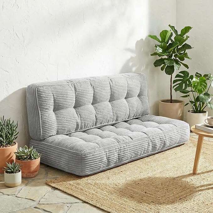 63 Inch Folding Bench Cushion 4 Inch Thick 2-in-1 Convertible Long Floor Lounger Boneless Cushions Couch Mattress Upholstered for Yoga Reading Sleeping Meditation Living Room(Light Grey)