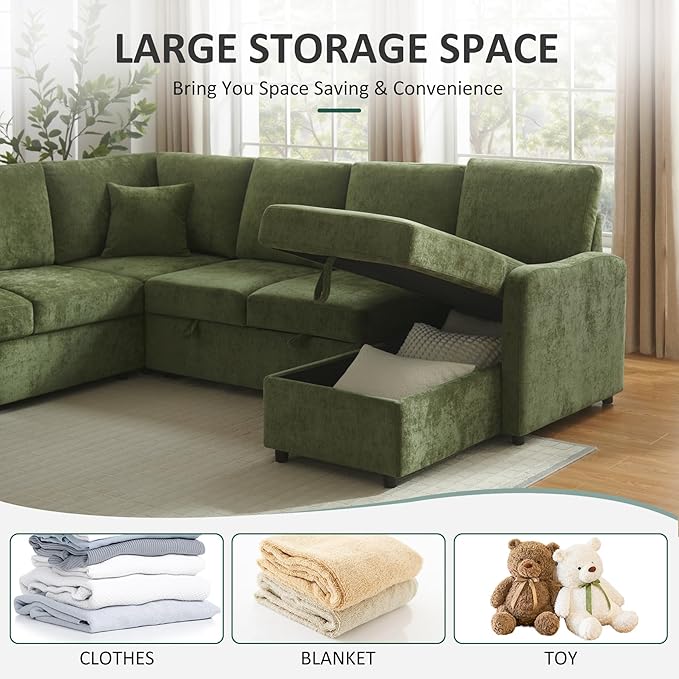 111'' Sectional Sleeper Sofa with Pull Out Bed U Shaped 6 Seat Modular Couch with Storage Chaise Modern Sectional Couch Cloud Chenille Sofa Bed for Living Room Apartment Olive