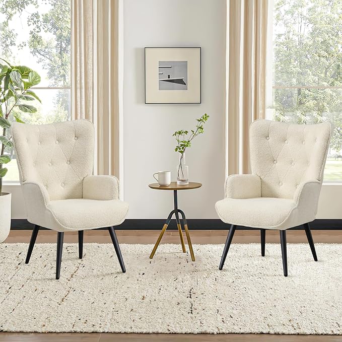 Furniliving Boucle Accent Chair for Living Room Upholstered Reading Chair with High Backrest Tufted-Button Wingback Armchair for Bedroom Dressing Room Home Office Ivory White