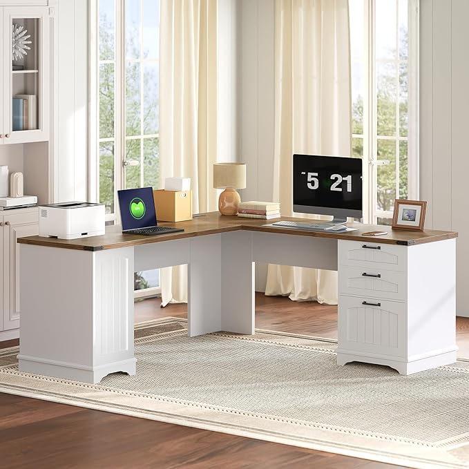 HOOBRO Farmhouse L Shaped Computer Desk Computer Desk with Power Outlets 59 Corner Office Desk with 3 Drawers &amp Adjustable Shelves for Home Office Study White and Walnut WH150UDN01