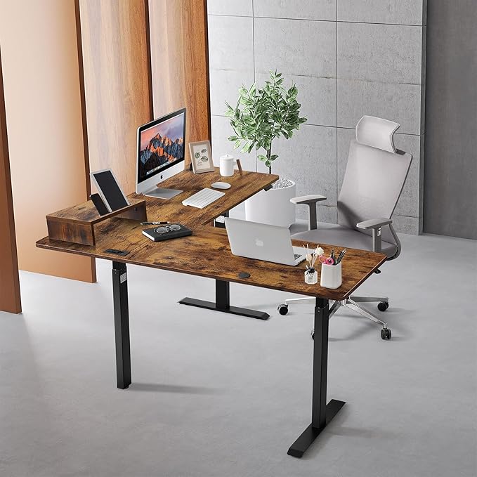 UNICOO L-Shaped Triple Motor Electric Height Adjustable Standing Desk for Gaming &amp Home Office Easy Touch Control &amp Solid Steel Construction (Rustic Brown Top/Black Frame-XOT-L3E-RB)