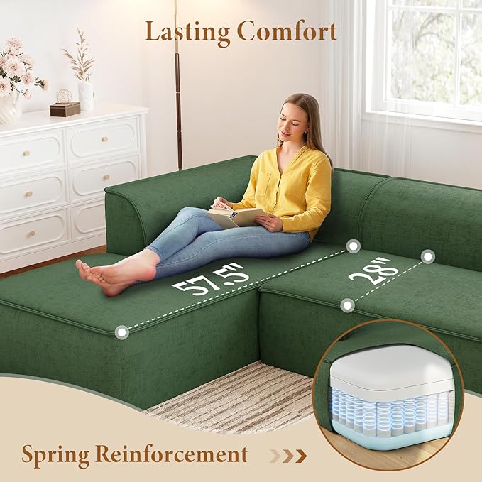 Vesgantti 106 Cloud Couch Sectional Modular Sofa Deep Seat Comfy Cloud Couch Chenille Memory Foam Sofa Modular Couches for Living Room Bedroom No Assembly Required (Green Left-Facing Chaise)