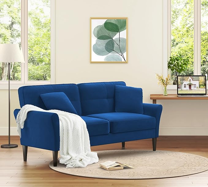 Loveseat Sofa 69 Love Seat Couches Comfy Velvet Small Sofa Couch for Bedroom with 2 Pillows Tool-Free Setup Sofas &amp Couches 700lb Load Sofas for Living Room Mini Couch for Bedroom Blue Couc
