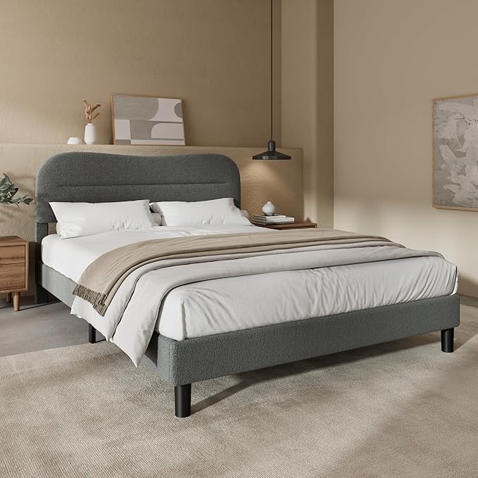 Queen Size Bed Frame with Headboard Upholstered Bed Frame Queen Size Teddy Soft Boucle Fabric Soft Cloud Marshmallow Shape Upholstered Headboard No Box Spring Needed Noise Free (Grey)