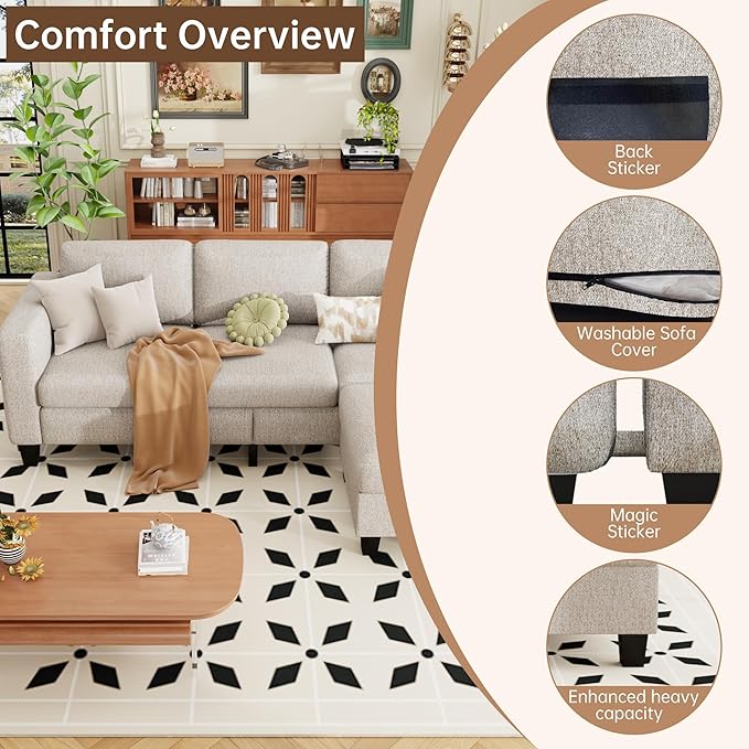 ZeeFu Sectional and Sofa Couches for Living Room - 78'' 3 Seater L-Shaped Modular Couch with Storage Ottoman - Modern Velevt Fabric Upholstered Sofa Set for Small Space Apartment Office (Mocha Brown)