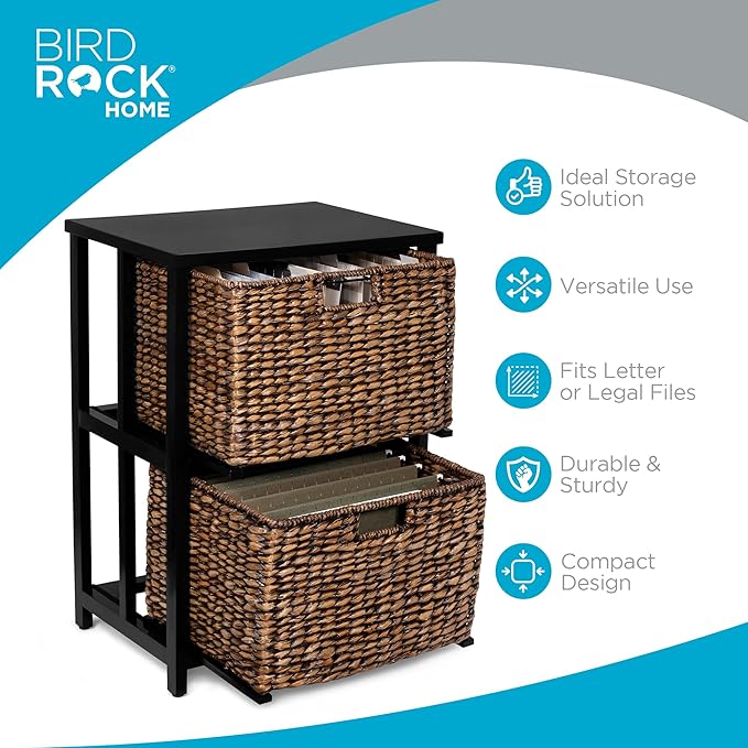 BIRDROCK HOME 2 Tiered File Cubby w/Wood Top - File Cabinet Home Office Storage Nightstand Decorative Wooden Organizer | Desk Modern Table Shelves Side Table Craft Furniture - Brown Wash